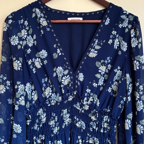 Max Studio| Boho Royal Blue Floral Long Sleeve Gathered Ruffled Dress Sz M - Picture 2 of 7